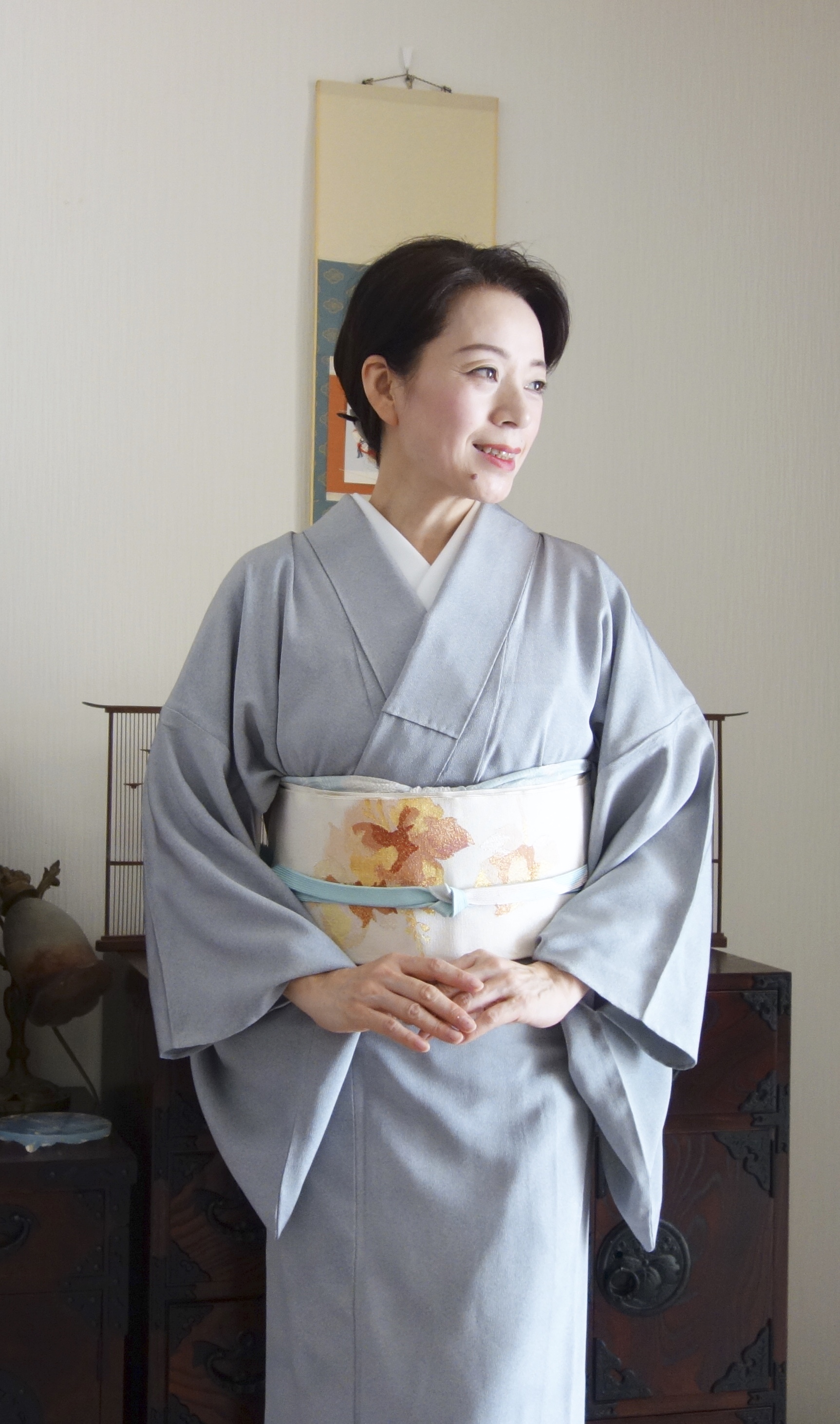 一つ紋付下げ着物&爪織本綴れ帯 2点セット 草花刺繍 kimono A-1360-